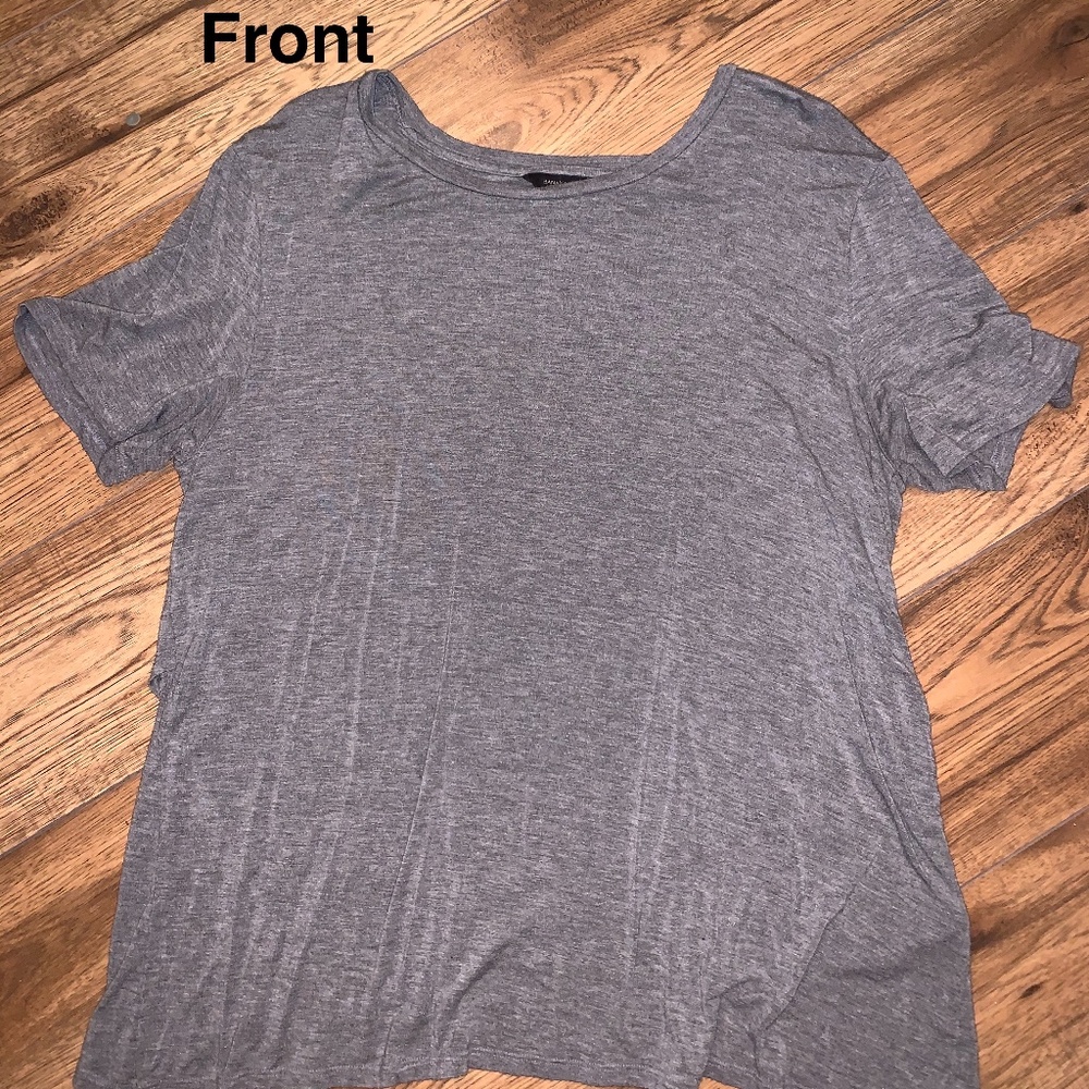 Grey tee with crossed fabric on back